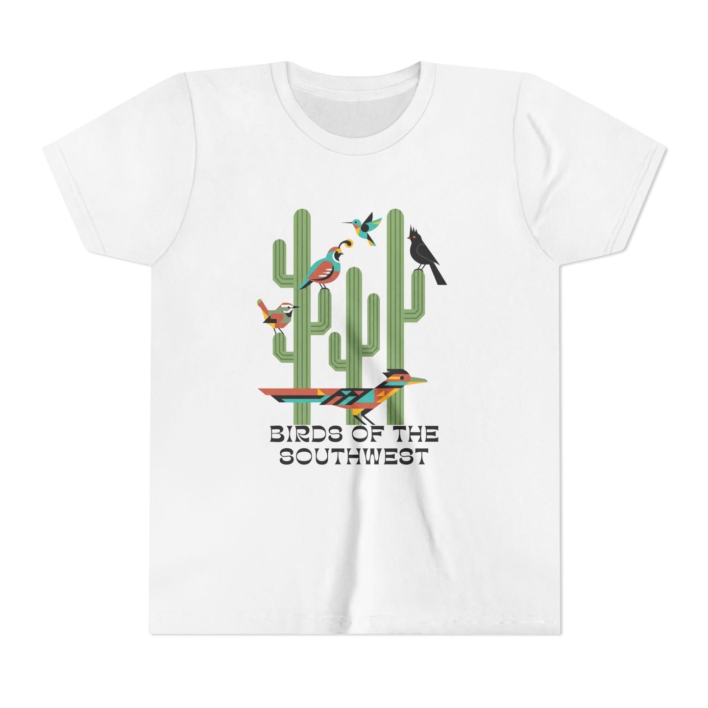 White t-shirt with 'Birds of the Southwest' design featuring cacti and birds on a white background.