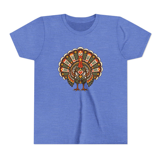 A heather blue short-sleeve t-shirt with a colorful, ornate turkey graphic printed on the chest, displayed against a solid white background.