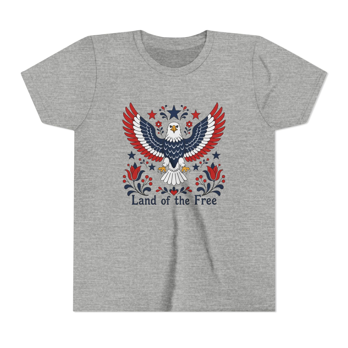 Gray t-shirt with an eagle design and 'Land of the Free' text on a white background