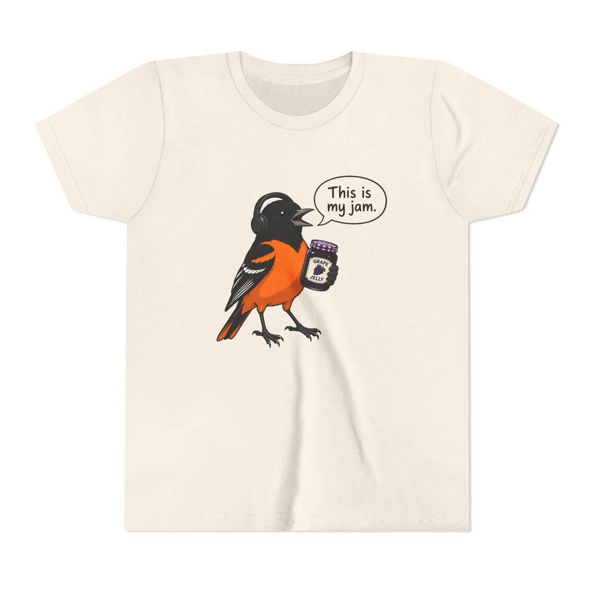 An off-white short-sleeve crewneck t-shirt featuring a graphic of a bird holding a jar of jam with a speech bubble that reads 'This is my jam.'.