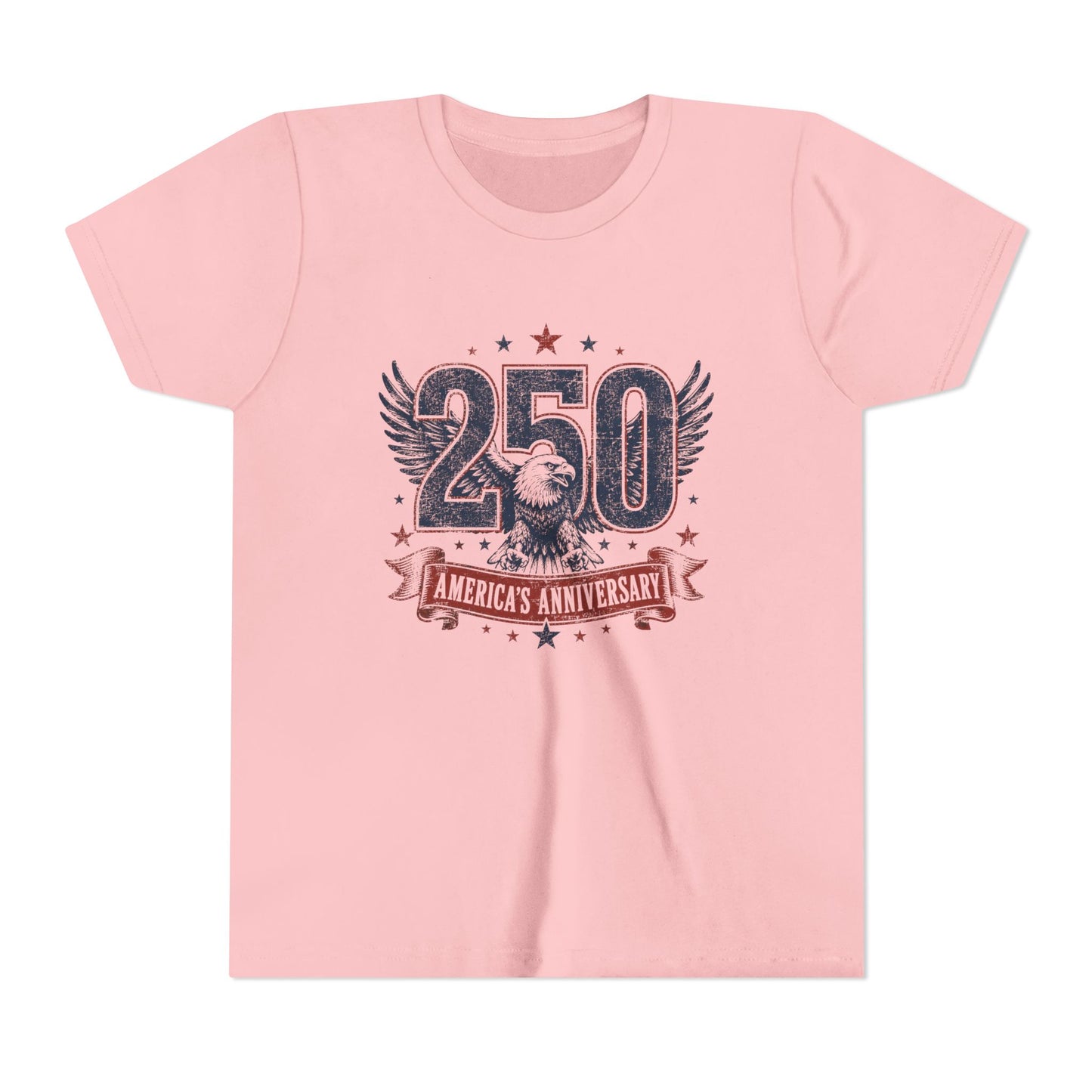 Pink t-shirt with '250 America's Anniversary' design on a white background