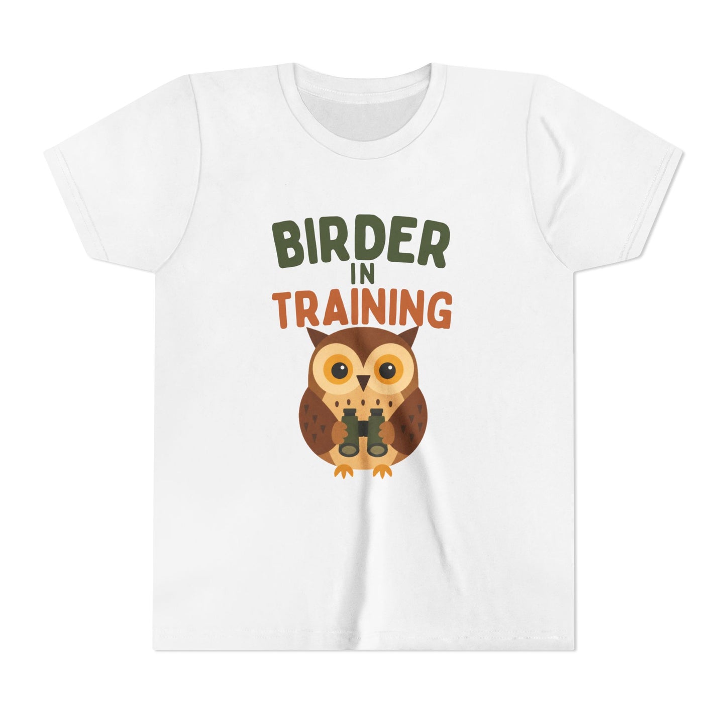White t-shirt with an owl graphic and 'Birder in Training' text on a white background