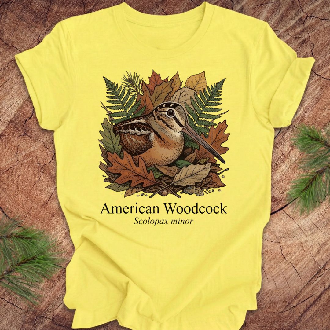 Yellow t-shirt with an illustration of an American Woodcock and leaves on a wooden surface.