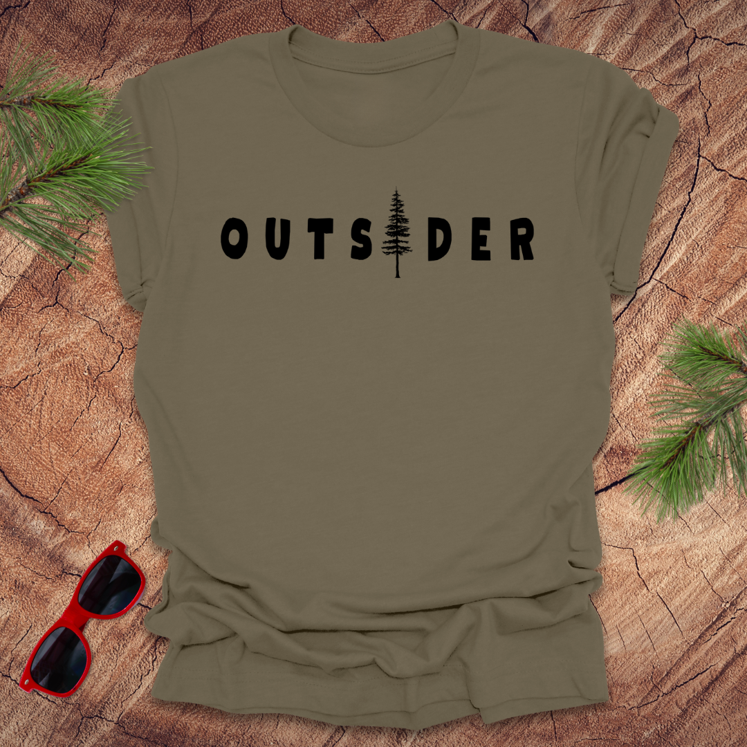 Flat lay of army Outsider t-shirt by Wandering Owl Adventure Co.