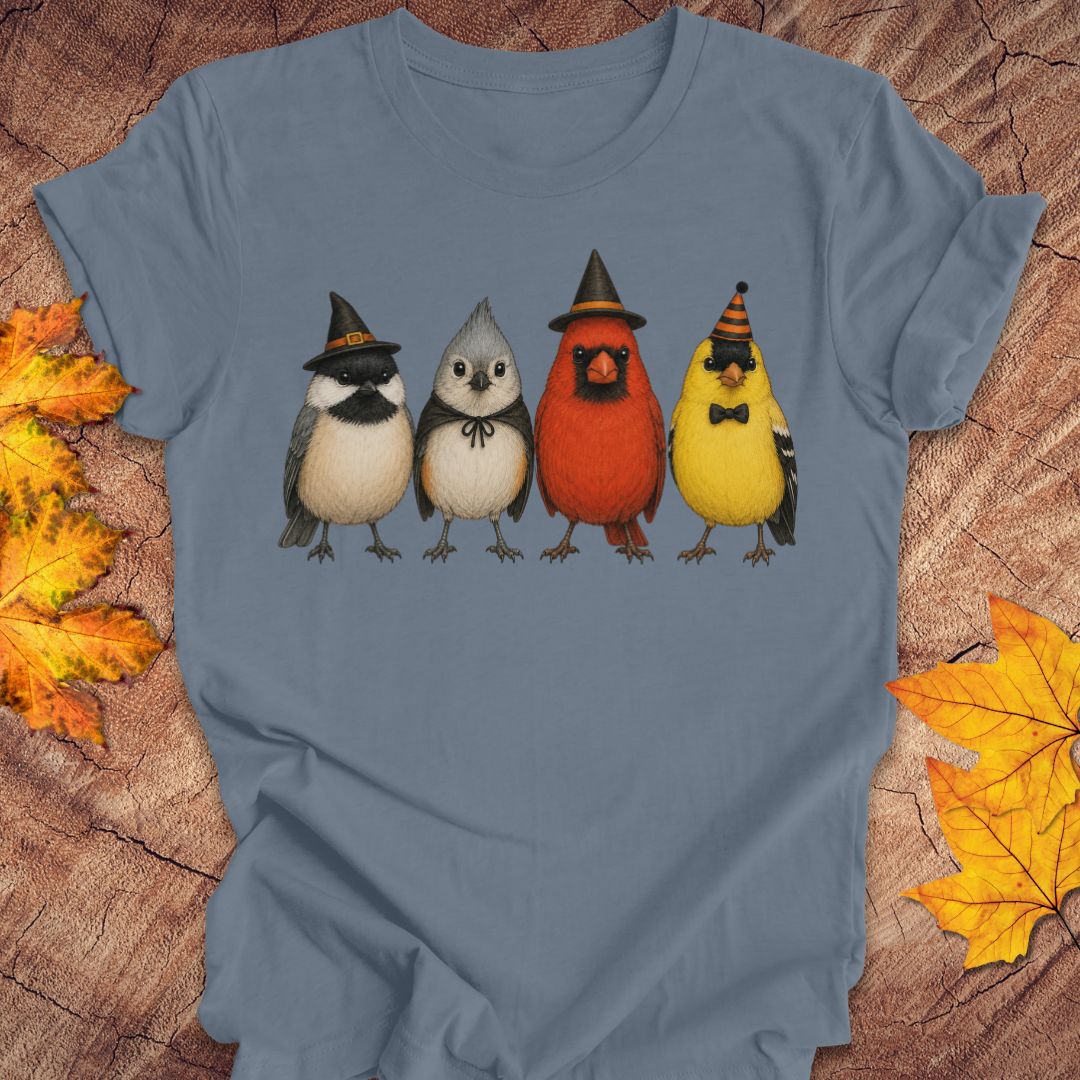 A dusty blue short-sleeve t-shirt with a graphic of four birds in Halloween costumes (witch, owl, cardinal, goldfinch) on the chest, displayed flat on a rustic wood background with autumn leaves.
