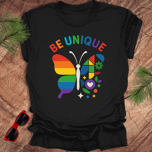 Black tshirt with rainbow, color graphic of a butterfly that is half rainbow/half gears, hearts and shapes, with text 'Be Unique', on a wood background.