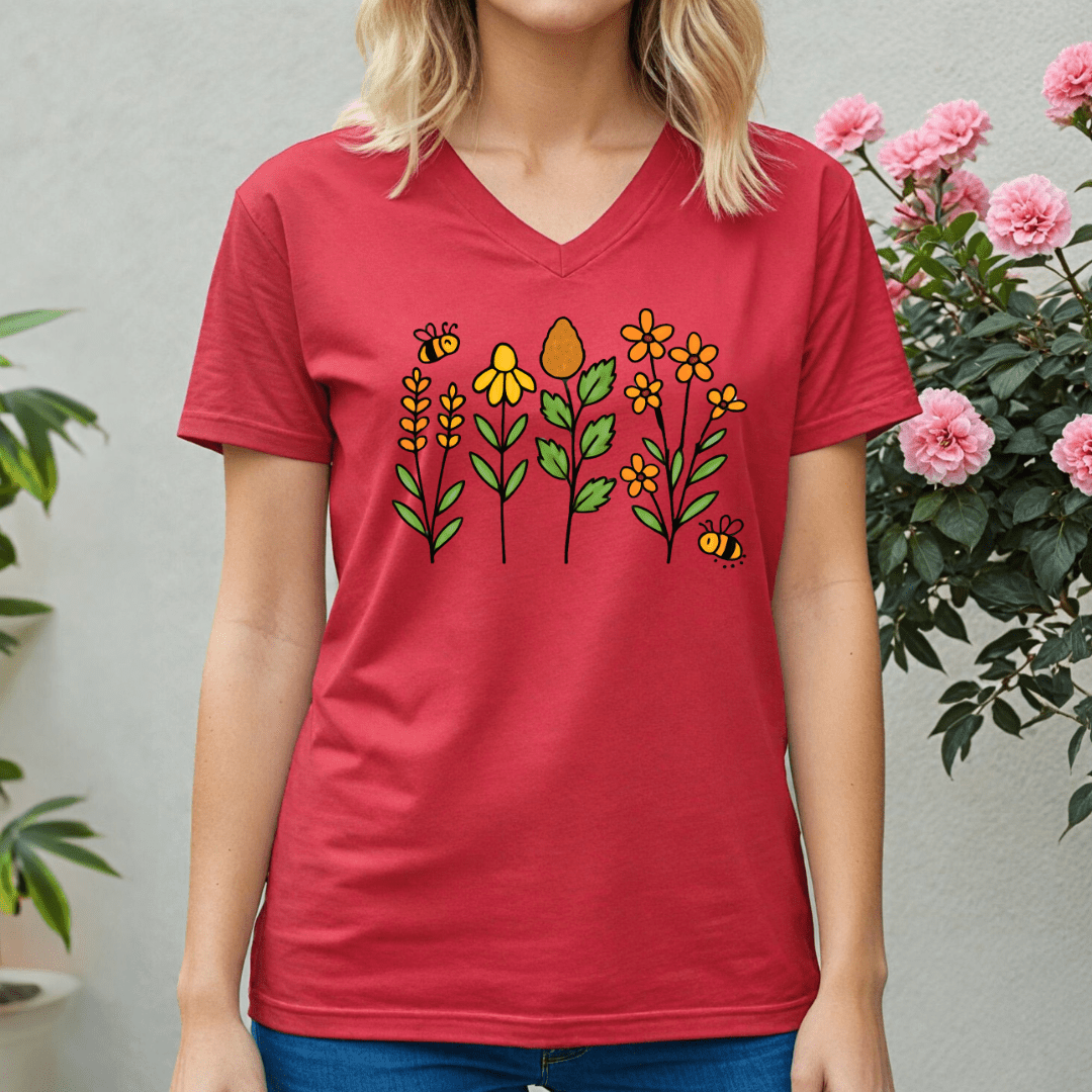 Bees and Flowers V - neck Tee - Wandering Owl Adventure Gear