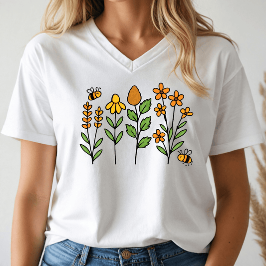 Bees and Flowers V - neck Tee - Wandering Owl Adventure Gear
