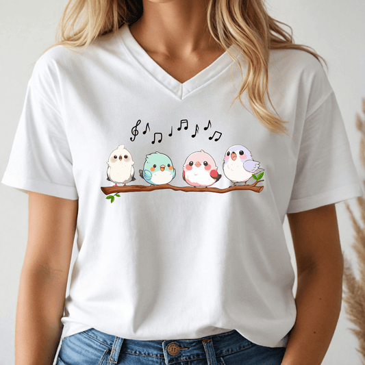 White t-shirt with cartoon birds and musical notes design worn by a person.