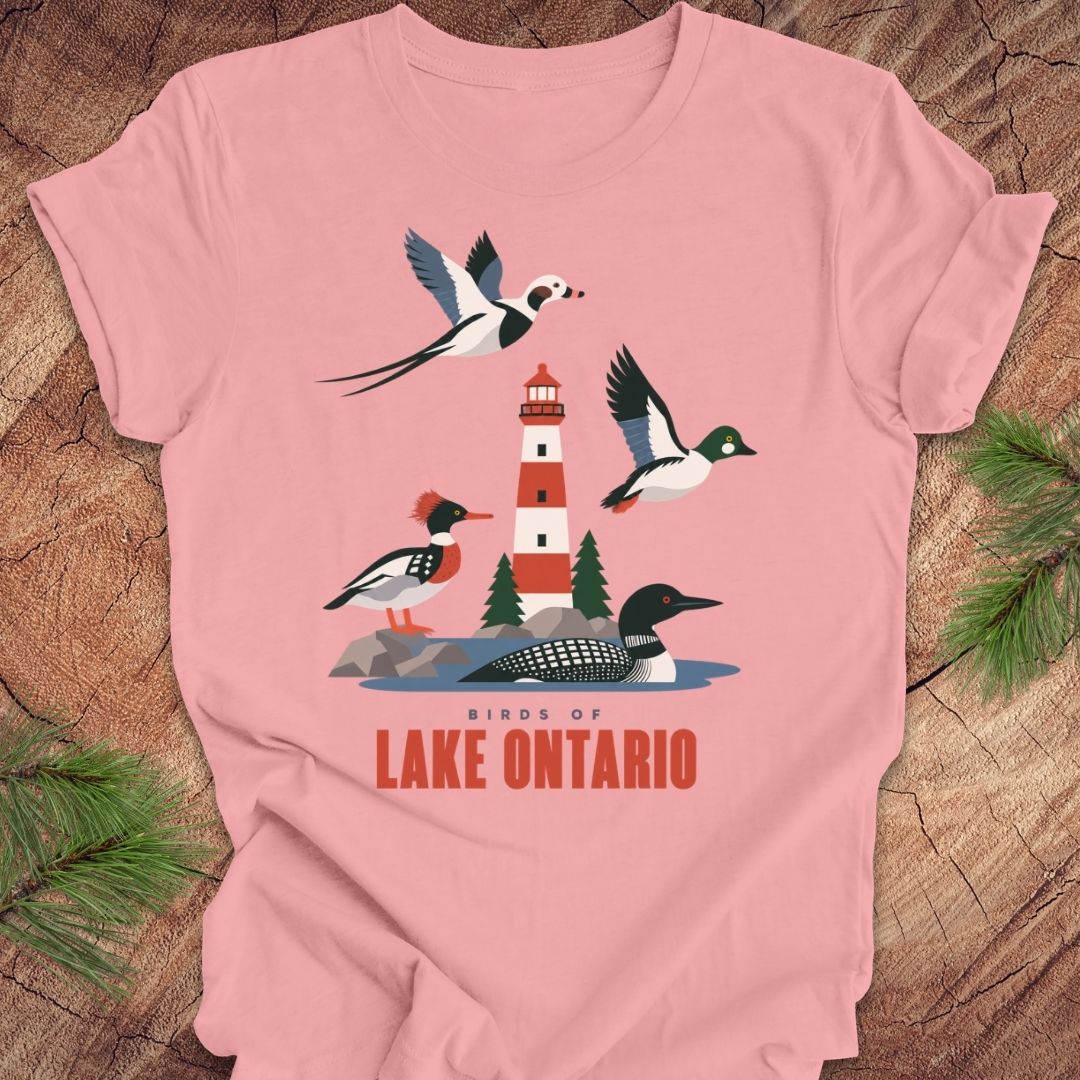 A pink short-sleeve crewneck t-shirt featuring a graphic print of birds and a lighthouse on Lake Ontario, styled flat on a rustic wood background with pine needles.