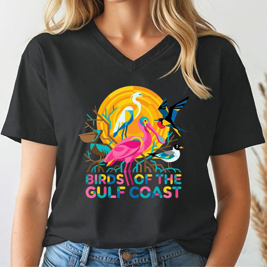 Black t-shirt with colorful 'Birds of the Gulf Coast' design worn by a person.