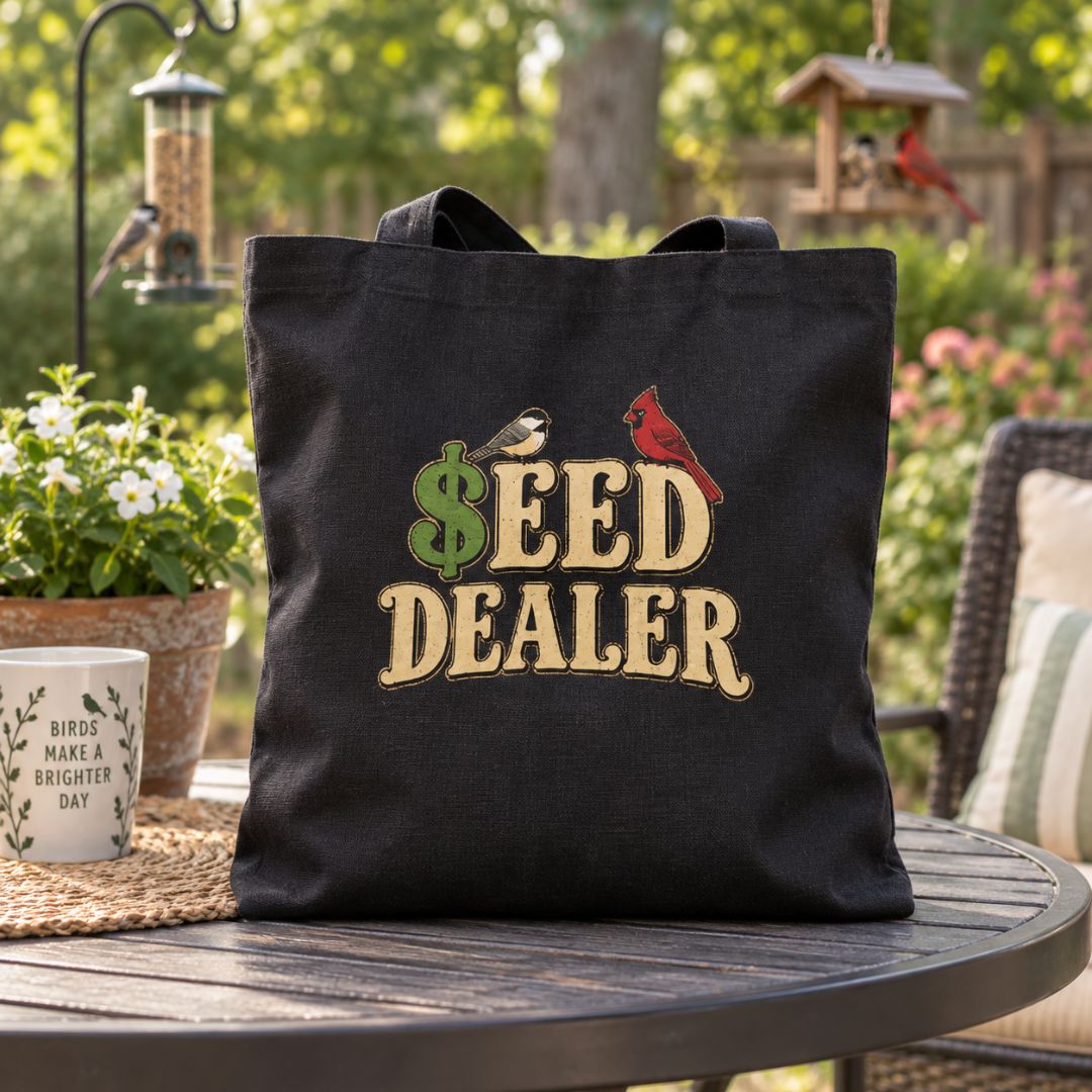 A black canvas tote bag with a 'SEED DEALER' graphic featuring a green dollar sign and red cardinal bird, displayed on an outdoor patio table next to a mug in a garden setting.