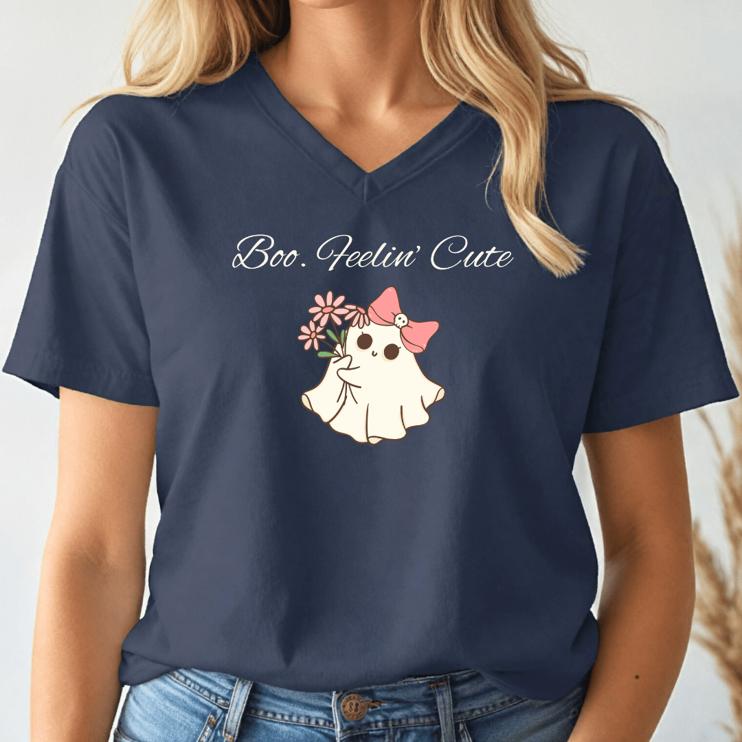 Boo. Feelin' Cute Ghost V - Neck Tee - Wandering Owl Adventure Gear