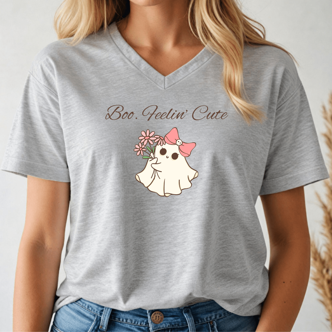 Boo. Feelin' Cute Ghost V - Neck Tee - Wandering Owl Adventure Gear