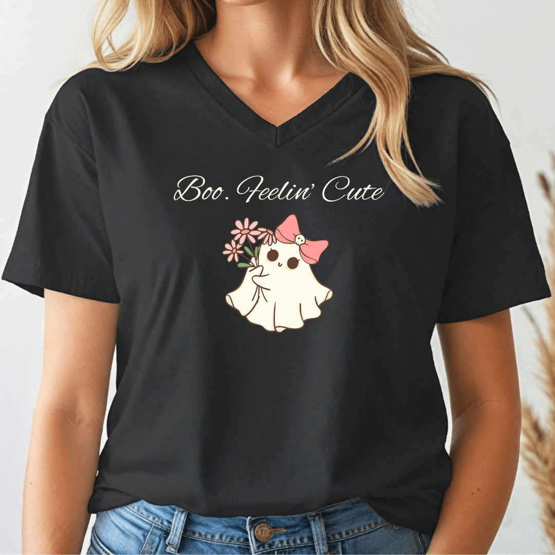 Boo. Feelin' Cute Ghost V - Neck Tee - Wandering Owl Adventure Gear