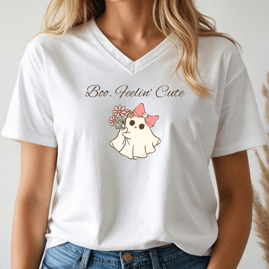Boo. Feelin' Cute Ghost V - Neck Tee - Wandering Owl Adventure Gear