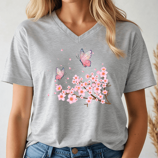 Butterflies and Cherry Blossoms V - neck Tee - Wandering Owl Adventure Gear