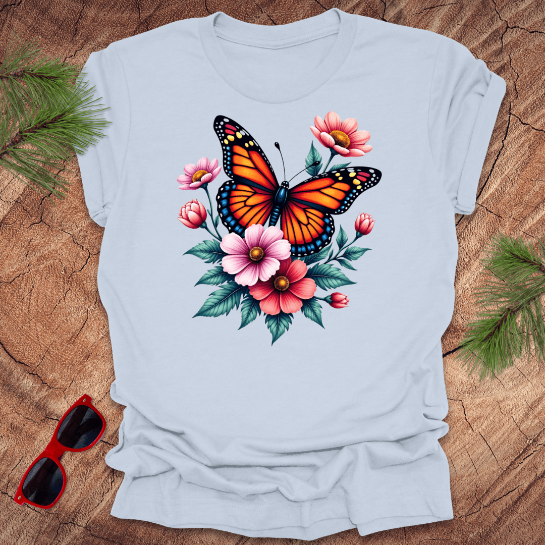 Butterfly and Flowers Tee - Wandering Owl Adventure Gear - light blue