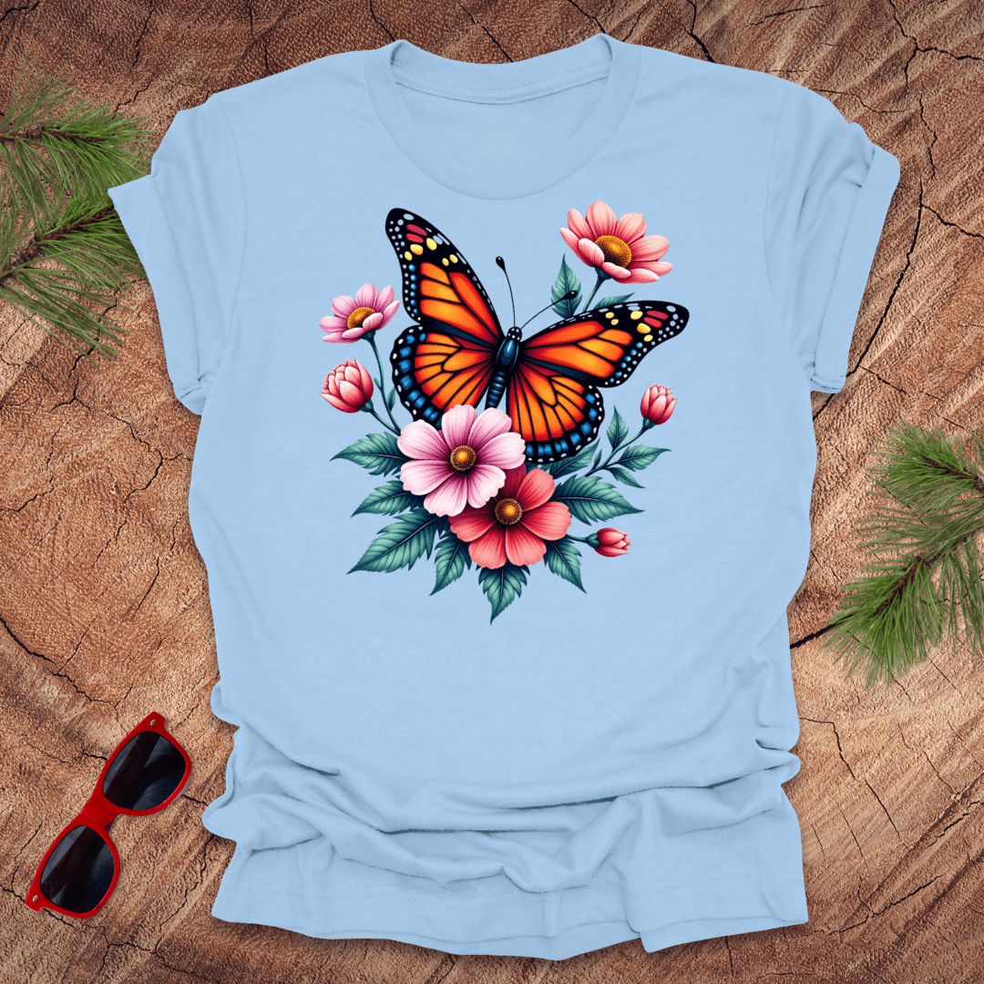Butterfly and Flowers Tee - Wandering Owl Adventure Gear - baby blue