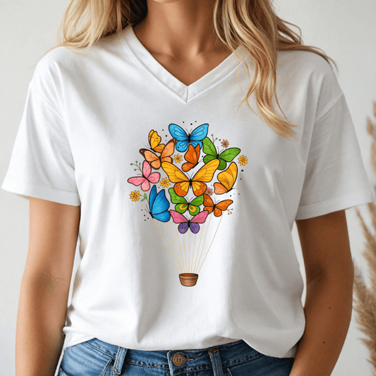 White t-shirt with colorful butterfly design worn by a person