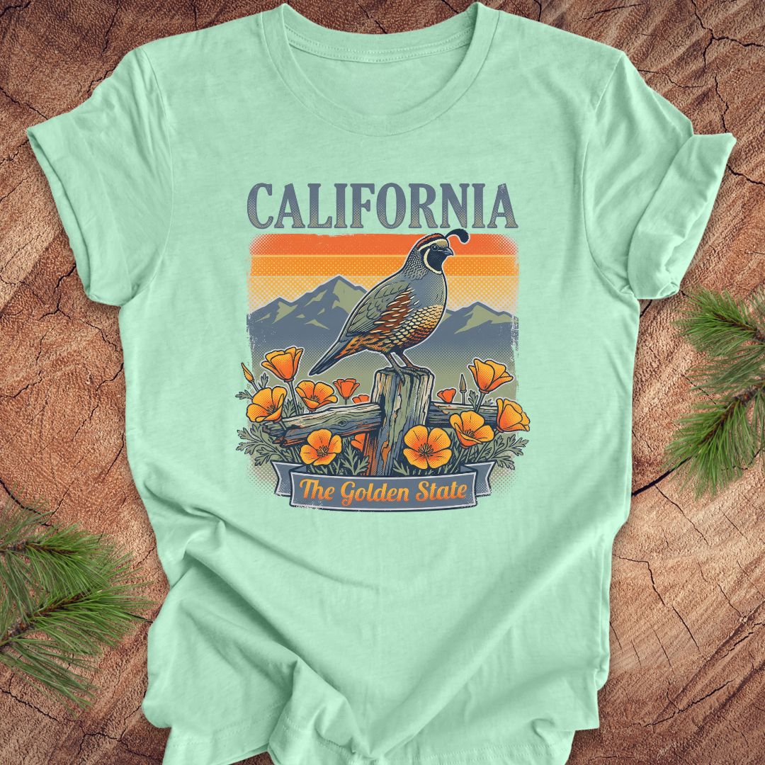 Mint green t-shirt with California-themed graphic on a wooden surface