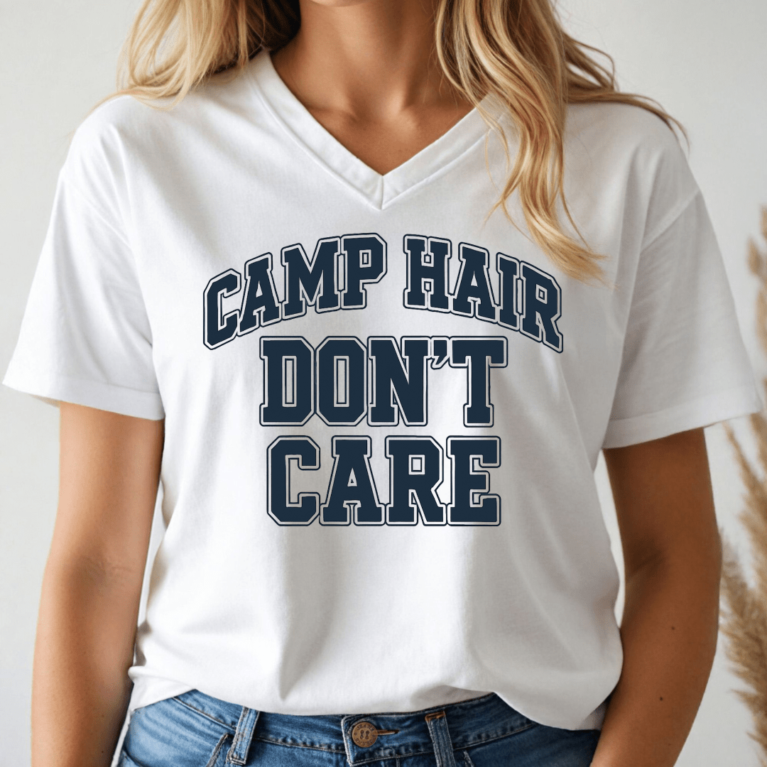 Camp Hair Don't Care V - neck Tee - Wandering Owl Adventure Gear