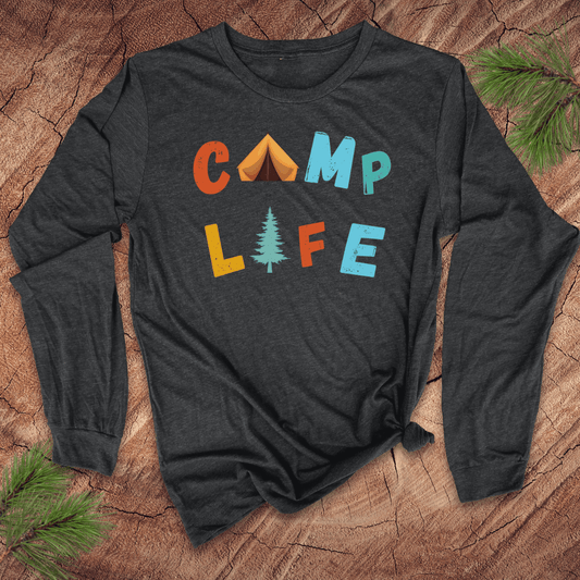Dark gray long-sleeve shirt with 'CAMP LIFE' text and camping tent graphic on a wooden surface.