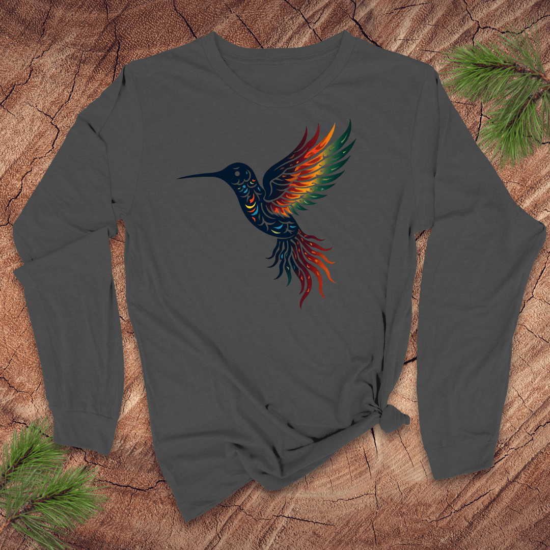 Gray long-sleeve shirt with a colorful hummingbird design on a wooden surface.