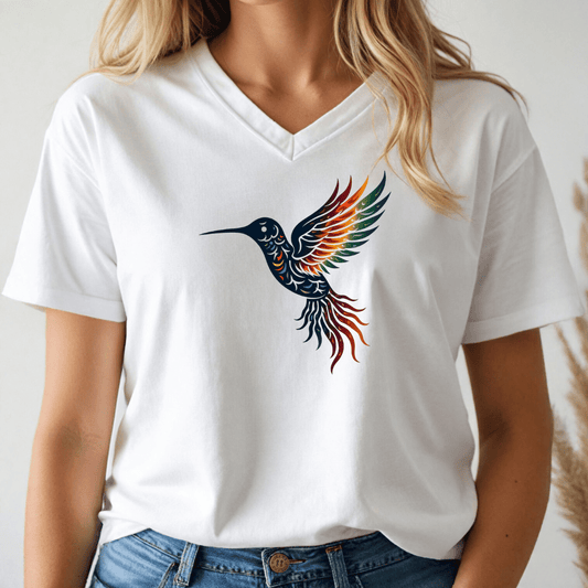 Person wearing a white v-neck t-shirt with a colorful hummingbird design worn by a person.