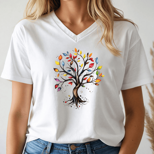 White v-neck tshirt with a colorful tree design on a wood background with pine leaves.