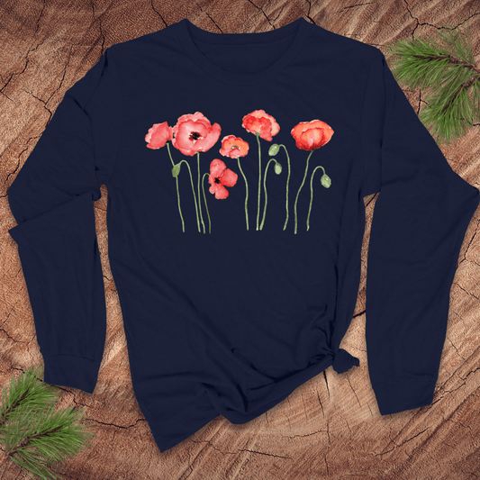navy long sleeve tshirt with pink  poppy design on a wooden surface