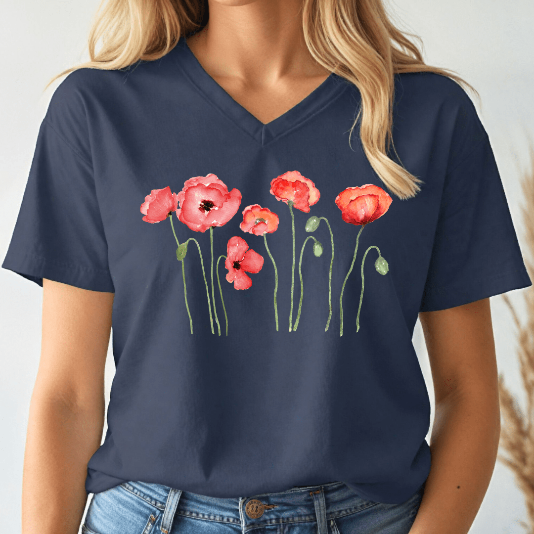 Dancing Poppies V - neck Tee - Wandering Owl Adventure Gear