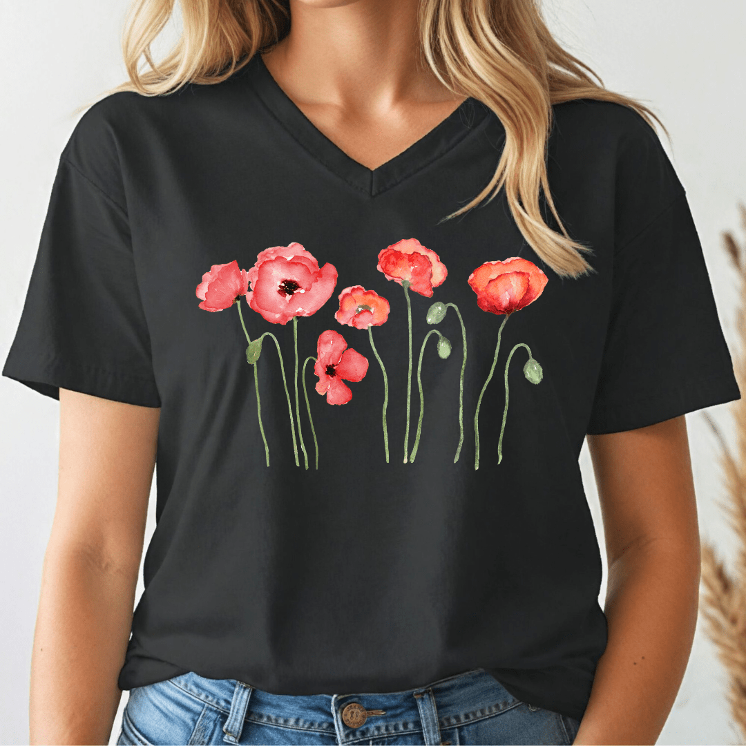 Dancing Poppies V - neck Tee - Wandering Owl Adventure Gear