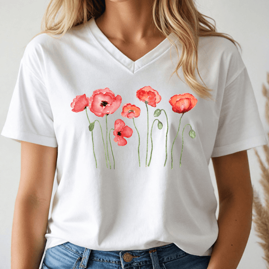 Dancing Poppies V - neck Tee - Wandering Owl Adventure Gear