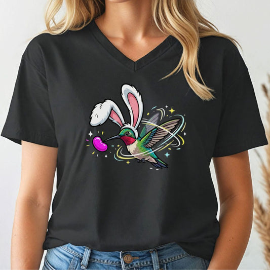 Person wearing a black v-neck t-shirt with a colorful graphic design of a hummingbird with bunny ears.