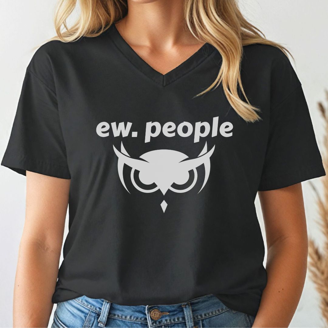 Person wearing a black v-neck t-shirt with 'ew. people' text and graphic design.
