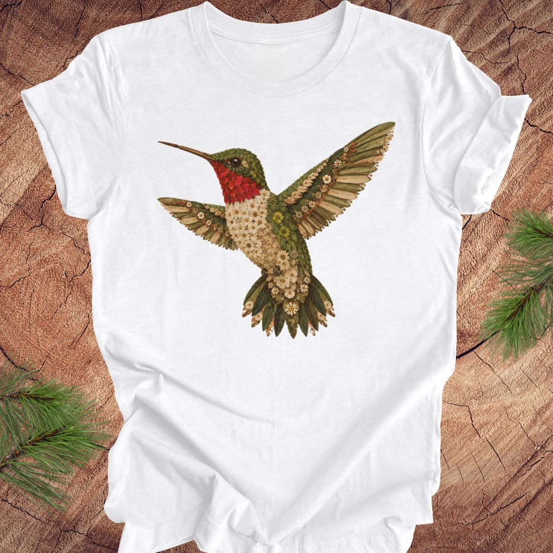 White t-shirt with a hummingbird and flower design on a wooden surface.