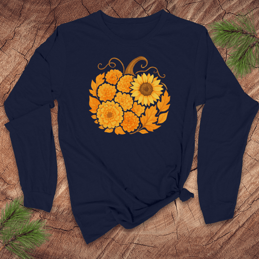 Navy blue long-sleeve shirt with a sunflower pumpkin design on a wooden surface.