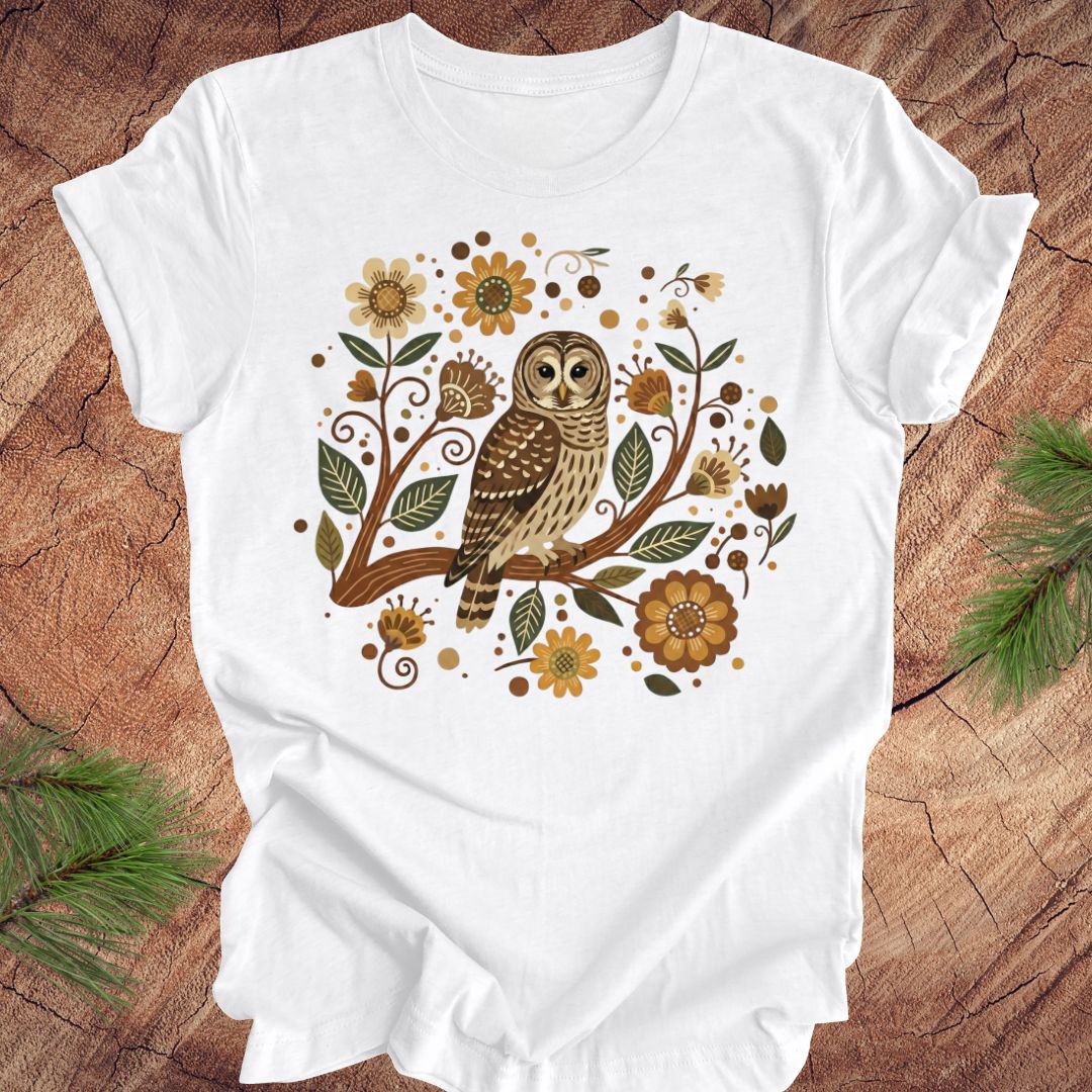 White t-shirt with an owl and floral design on a wooden surface