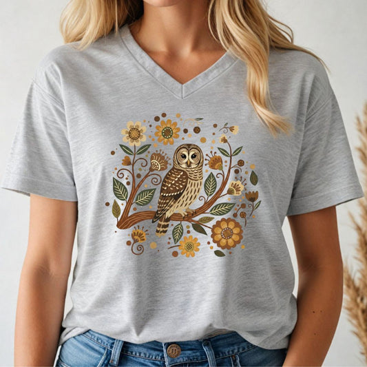 Model wearing an athletic heather gray v-neck t-shirt with a folk art Barred Owl on a branch framed by golden flowers, leaves, and swirls.