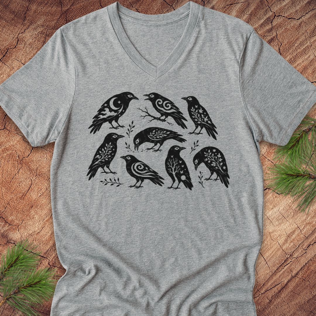 A heather gray V-neck t-shirt featuring a black graphic print of seven stylized birds, laid flat on a rustic wood background with pine branches in the corners.