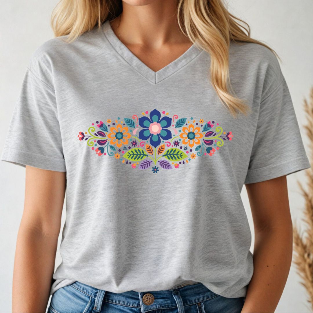 Grey t-shirt with colorful folk art floral design worn by a person