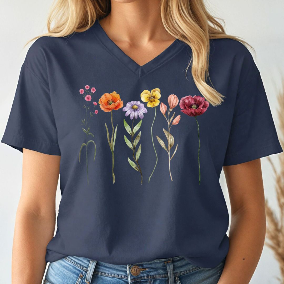 Navy blue t-shirt with floral design worn by a person