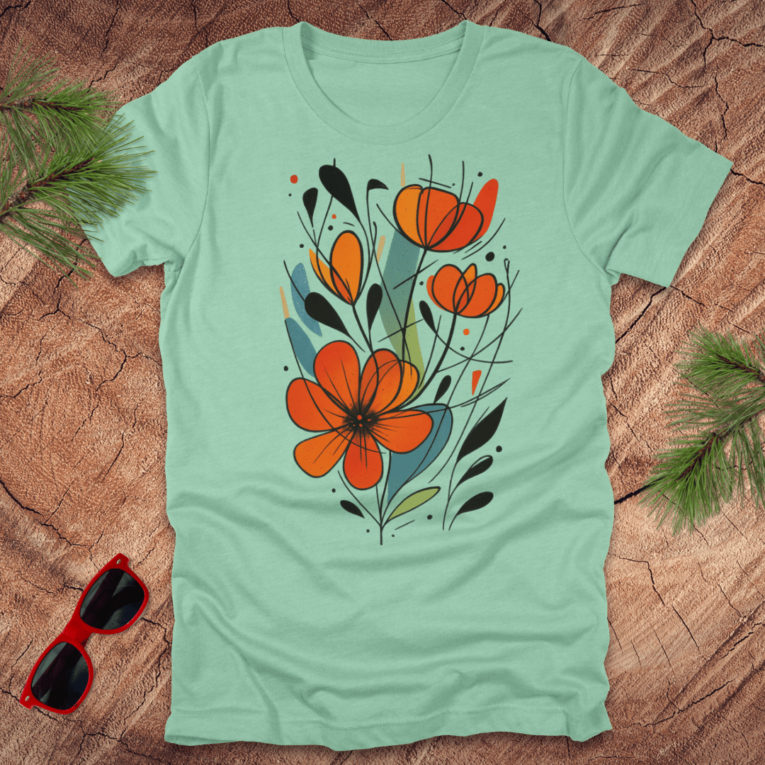 mint green t-shirt with orange floral design on a wooden surface with sunglasses and greenery.