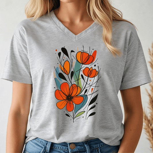 Person wearing a gray v-neck t-shirt with orange floral design