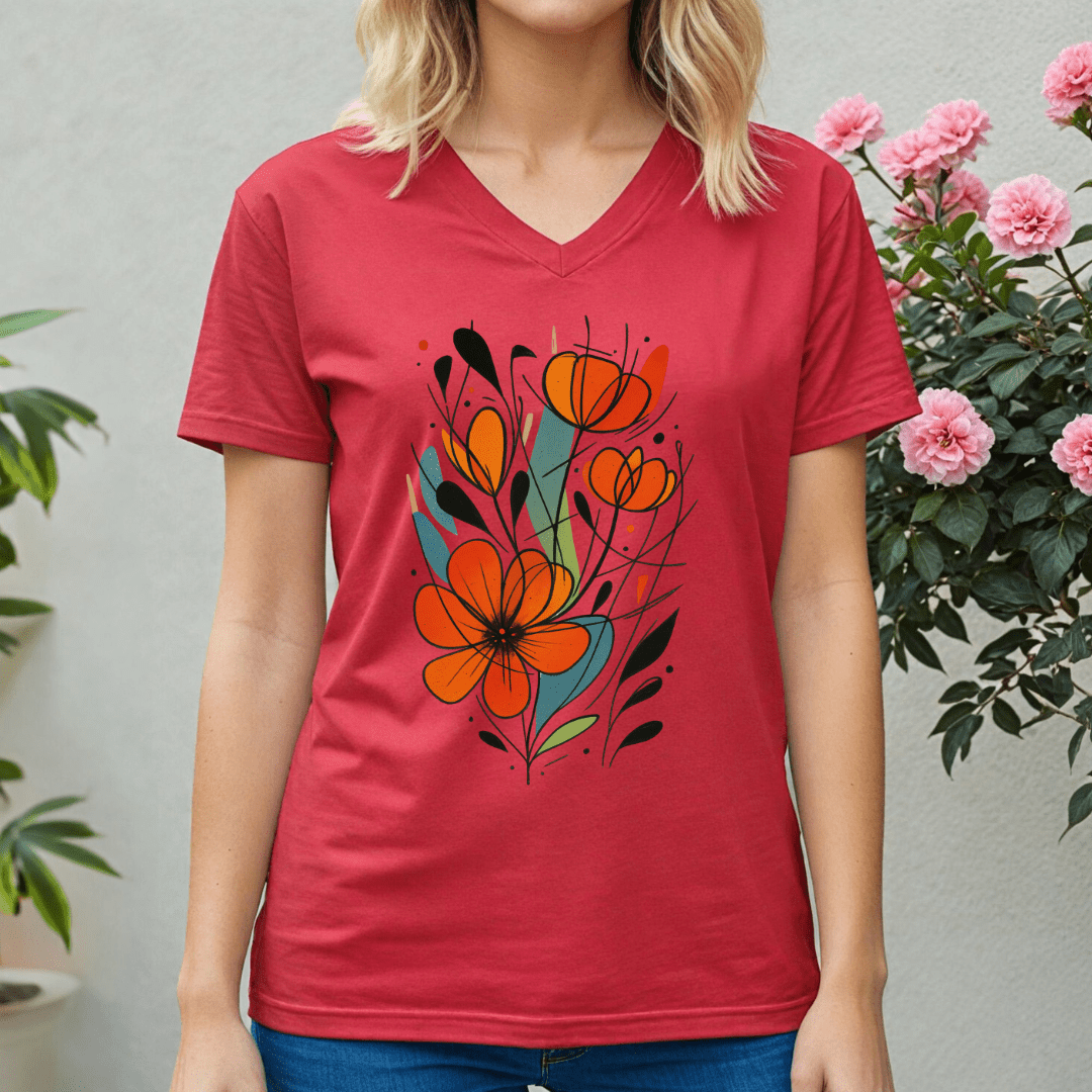 Person wearing a red v-neck t-shirt with a floral design, standing in front of pink flowers.