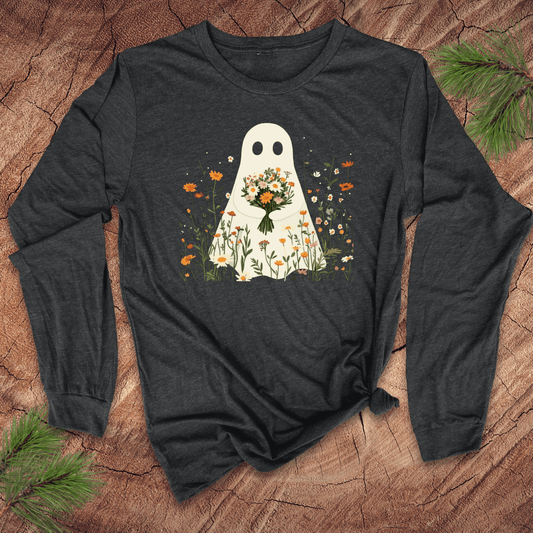 Dark gray long-sleeve shirt with a ghost holding flowers design on a wooden surface.