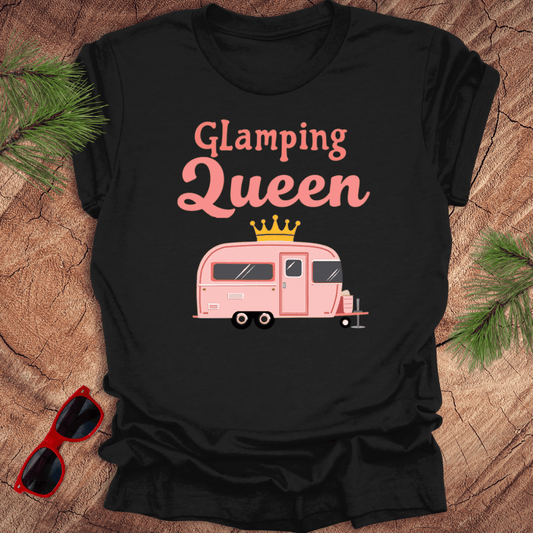 A black t-shirt with 'Glamping Queen' written in pink and a graphic of a pink caravan wearing a crown.