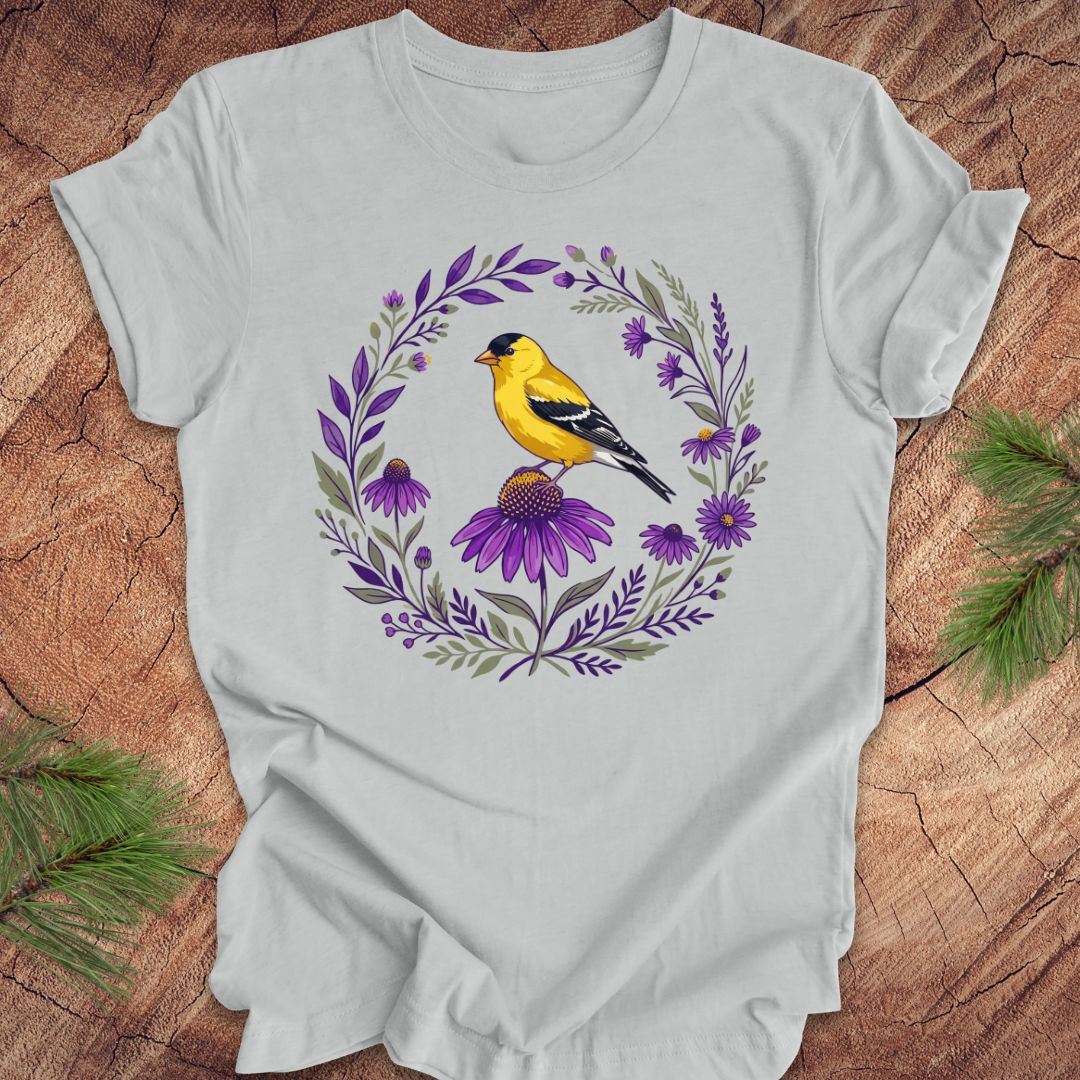 Goldfinch and Purple Flowers Tee — Silver, Size XL (Final Sale)