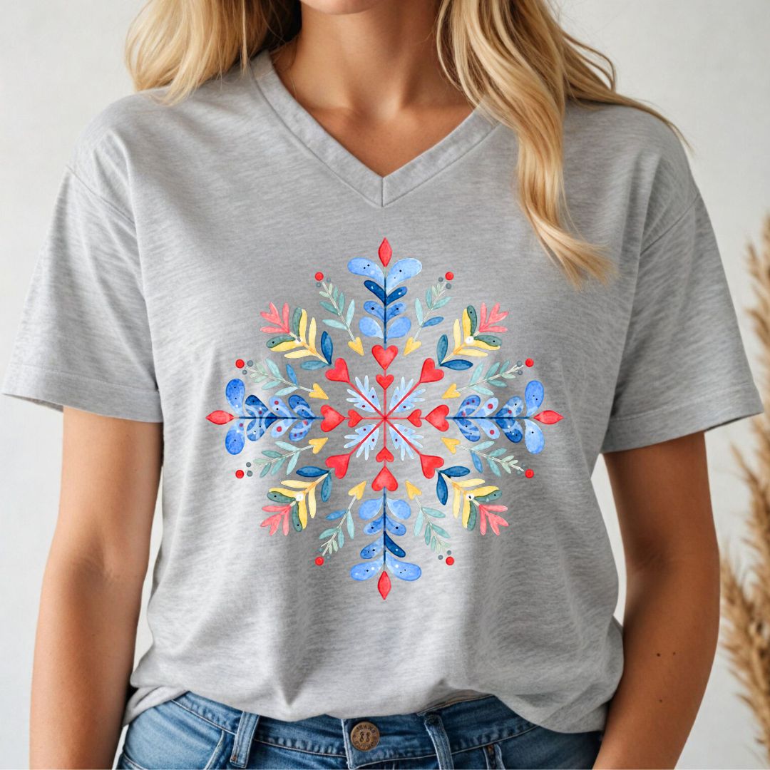A woman wearing a light gray heathered V-neck t-shirt with a colorful watercolor snowflake graphic on the front, paired with blue jeans.